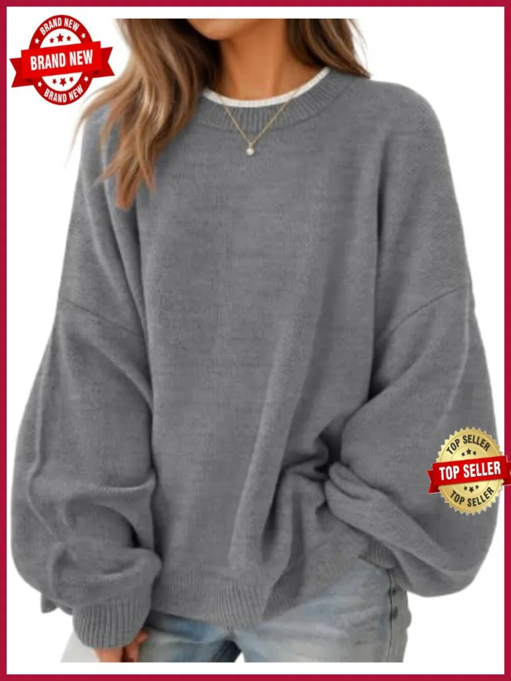 ZESICA Women's Oversized Crewneck Pullover Sweater with Lantern Sleeves - Long